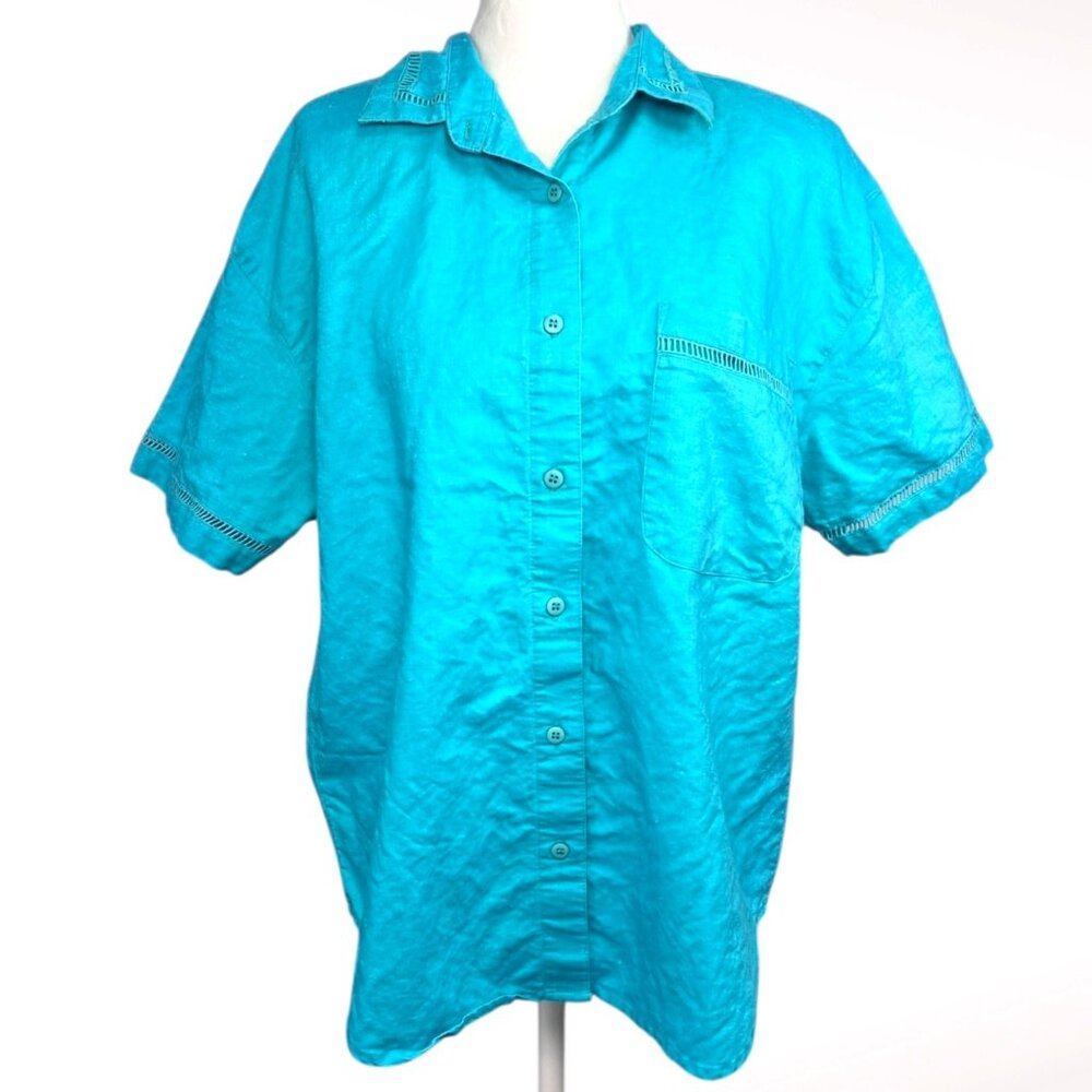 Gitano Ramie Cotton Shirt Turquoise Short Sleeve Button Up Small